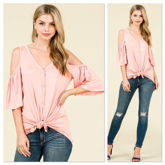 Lavender Moon Tops - Blush Open Shoulder Front Tie Top